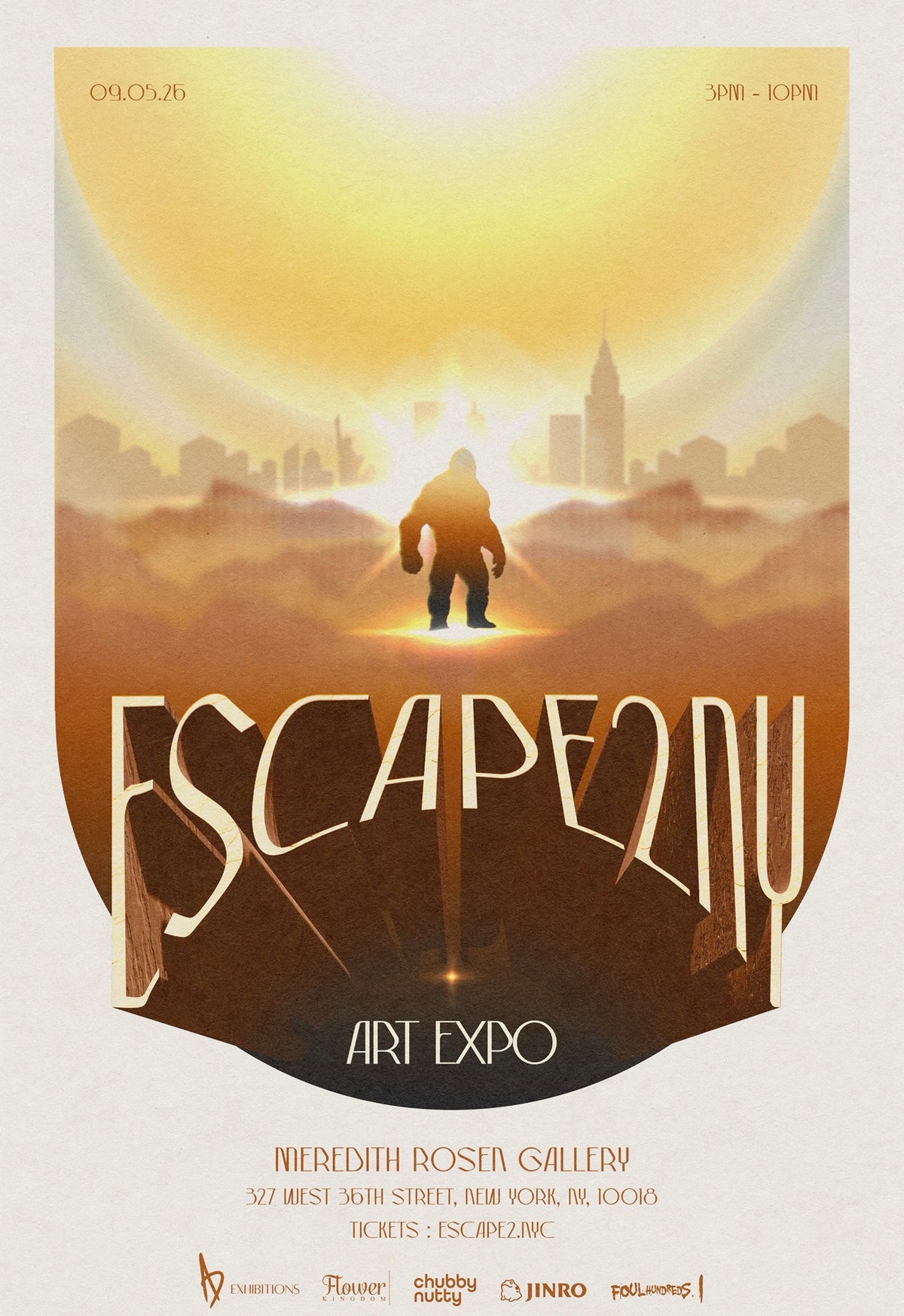Escape2NY Art Expo poster: a lone figure walking into a sunrise over the Manhattan skyline